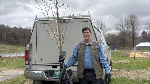 Williamstown Tree Warden stands in front of his truck with a UCF Nursery Tree