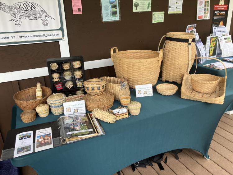 Black ash baskets displayed by Kerry Wood in 2024