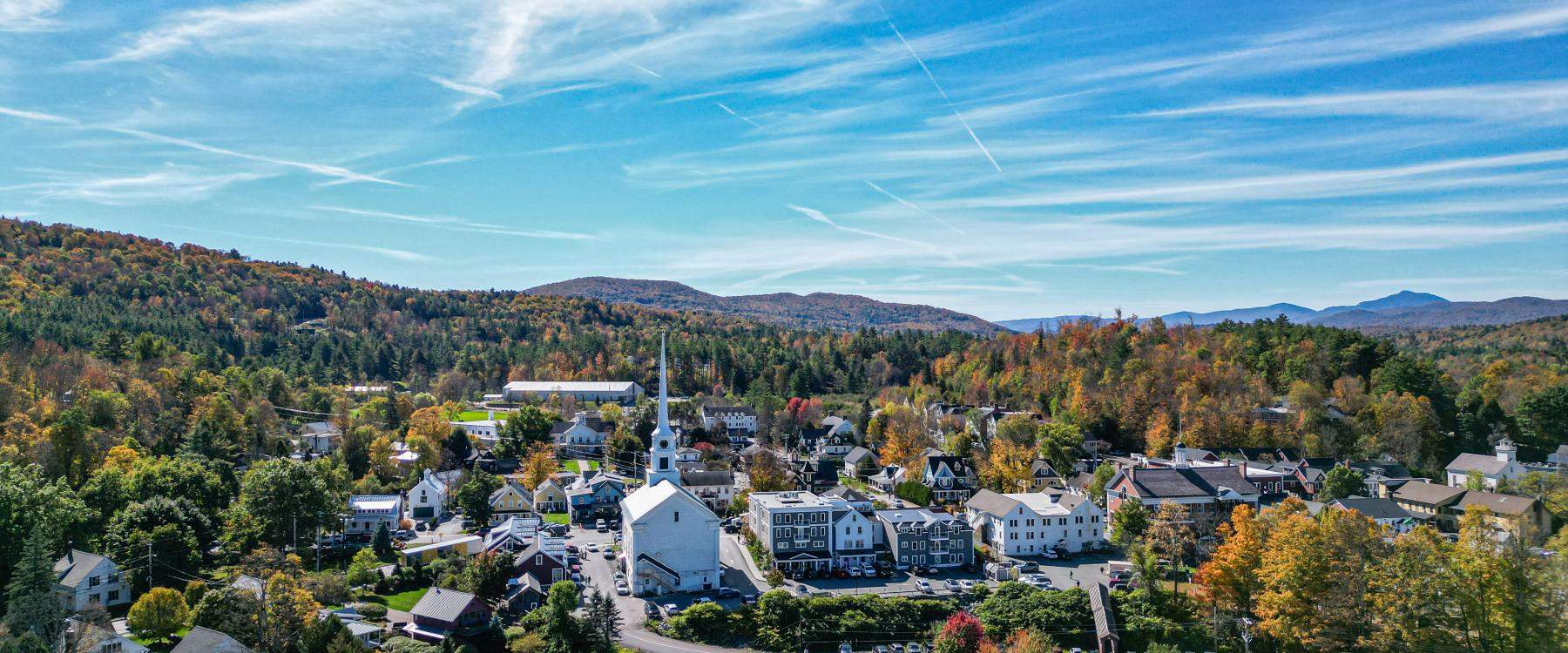 View of downtown stowe with fall foilage