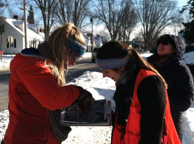 Two people looking at a map of street trees