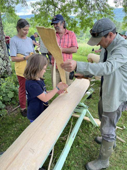 Volunteers pounding black ash logs into splints